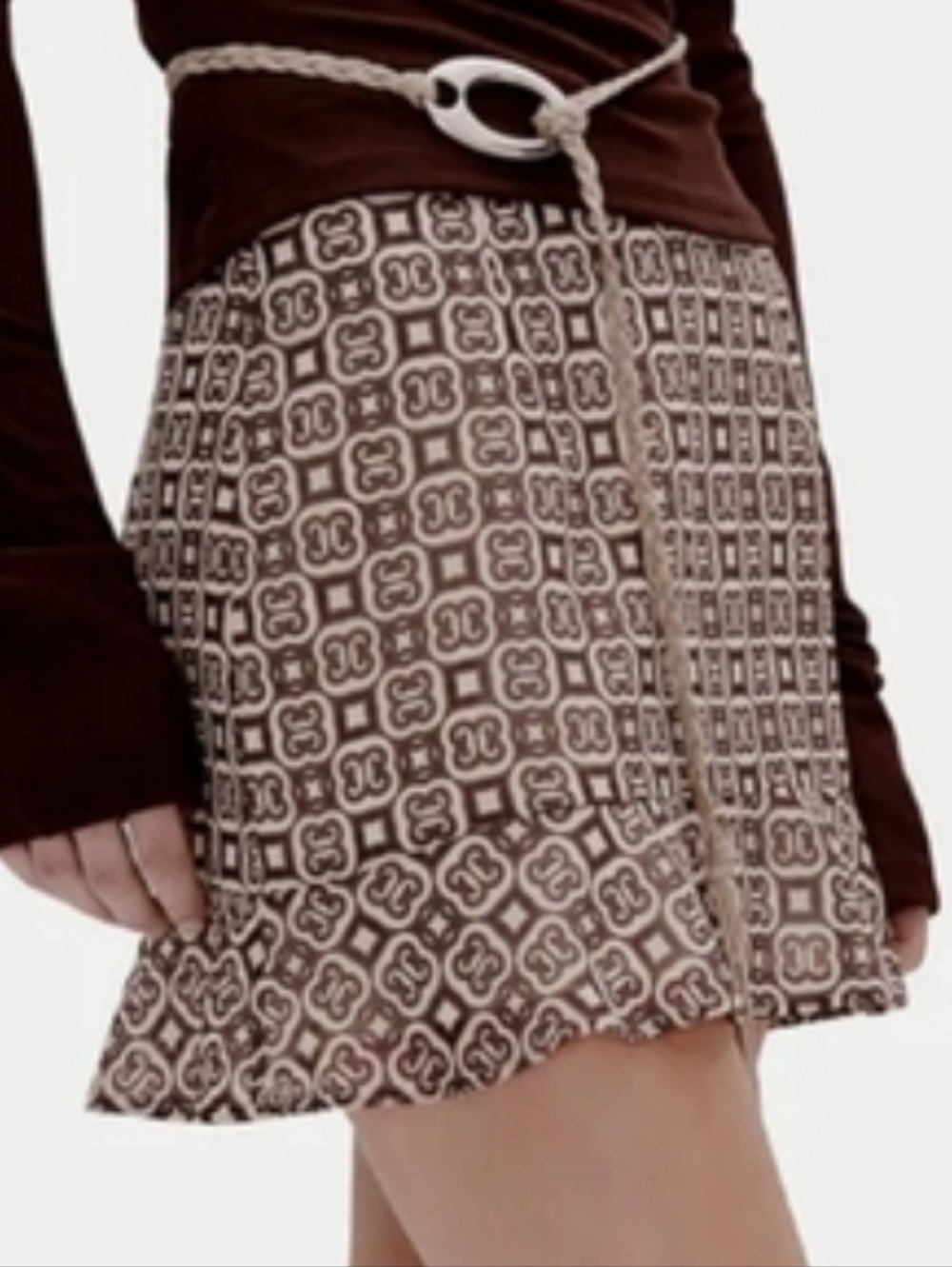 NWT Ownley Kira Mini Skirt Modern Mosaic Brown Cream Chain Look Ruffle Hem L